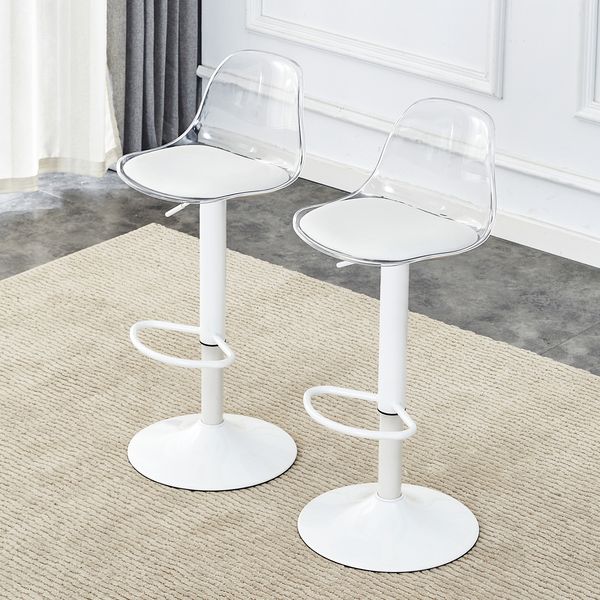 Barhocker Set aus 2, höhenverstellbar & 360° drehbar, 82-104 cm, transparent/Weiß