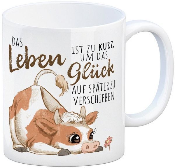 speecheese Tasse Kuh Kaffeebecher mit Spruch Das Leben ist zu kurz um Glück