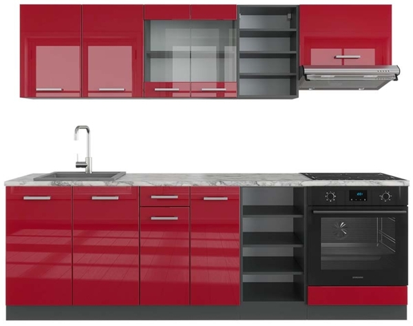 Vicco Küchenzeile Bordeaux Hochglanz/Anthrazit 240 cm , AP Marmor, R-Line