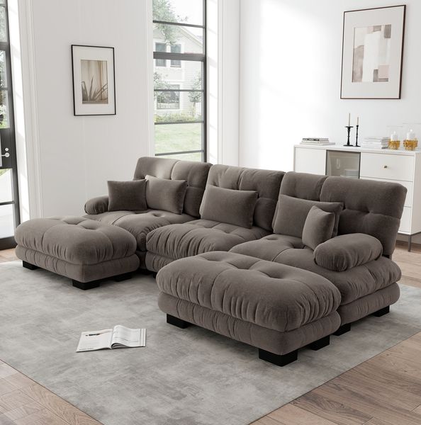 Modulares Ecksofa 81cm×313cm×145cm mit Ottomanen – U- oder L-Form, tiefer Sitz, Chenille in Braun