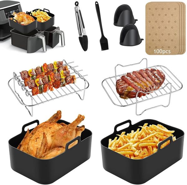 SURFOU Silikonform Airfryer Zubehör Heißluftfritteuse zubehör 26-teilig BPA-frei fürNinja, (für Ninja Foodi AF300EU AF400EU 7,6L-9,5L und die meisten Dual Zone Heißluftfritteusen, Schnell zubereitet, gesund, fettarm, 304Edelstahl, Lebensmittelechtes Si...