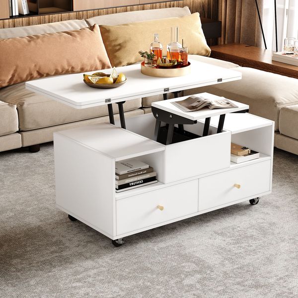 Höhenverstellbarer Couchtisch 100x50x47,5-62 cm mit Klappfunktion, 4 Schubladen & Rollen in Weiß