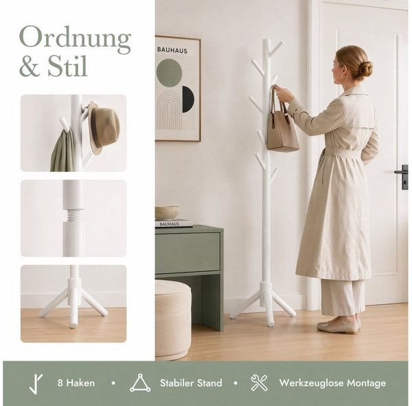 PIPISHELL Garderobenständer Kleiderständer, freistehend, mit 3 verstellbaren Größen & 8 Haken, (stabile Konstruktion aus Kiefernholz), höhenverstellbar für Kinder, Jugendliche und Erwachsene Bild 2