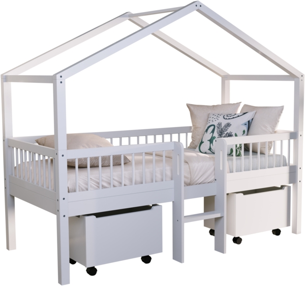 FORREST Buche Spiel-Hausbett 90 x 200 cm, inkl. Lattenrost, Leiter, Dachaufbau, 2 Rollboxen, Ausf. Buche massiv weiß lackiert Bild 2