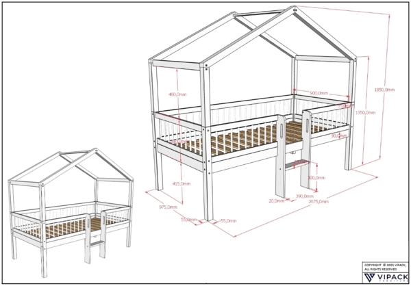 FORREST Buche Spiel-Hausbett 90 x 200 cm, inkl. Lattenrost, Leiter, Dachaufbau, 2 Rollboxen, Ausf. Buche massiv weiß lackiert Bild 3
