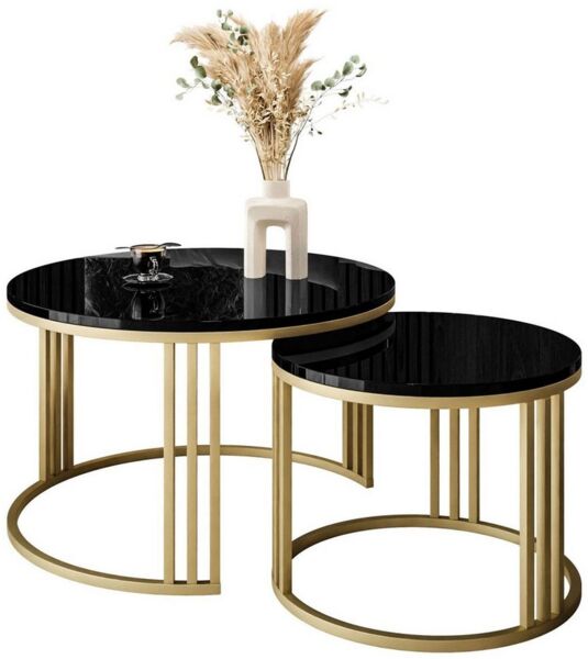 Lookway Couchtisch LORI 2in1 GOLD Runder Couchtisch mit Hochglanz Platte (2er Set), Durchmesser: ⌀70 cm und ⌀50 cm