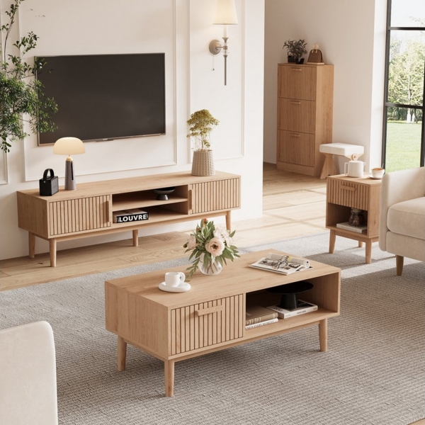 FUROKOY TV-Schrank (100cm Holzfarbenes Rattan-Couchtisch, mit 1 Schubladen und 1 Offenen Fächern) Beistelltisch für Wohnzimmer, 100 x 50 x 43 cm Bild 3