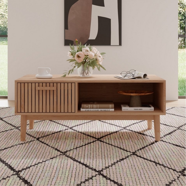 FUROKOY TV-Schrank (100cm Holzfarbenes Rattan-Couchtisch, mit 1 Schubladen und 1 Offenen Fächern) Beistelltisch für Wohnzimmer, 100 x 50 x 43 cm Bild 2