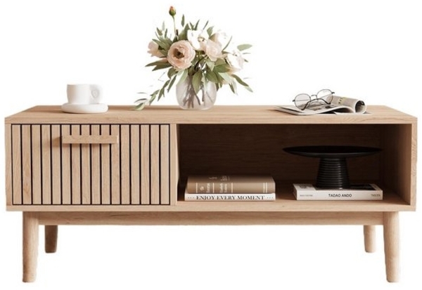 FUROKOY TV-Schrank (100cm Holzfarbenes Rattan-Couchtisch, mit 1 Schubladen und 1 Offenen Fächern) Beistelltisch für Wohnzimmer, 100 x 50 x 43 cm Bild 4