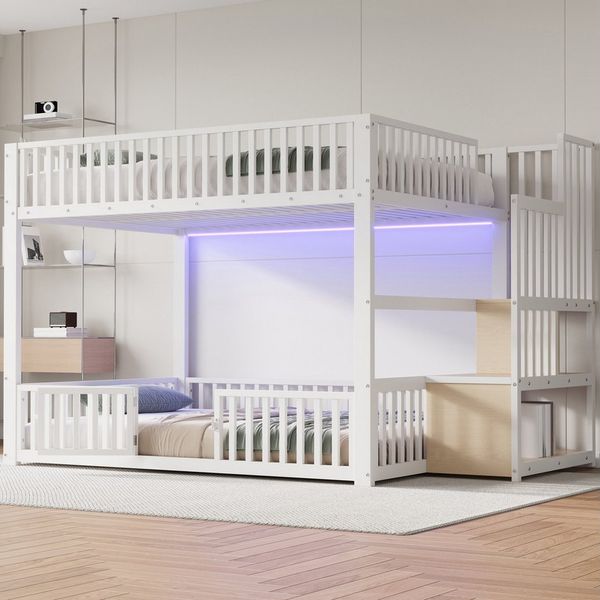 Merax Etagenbett mit LED-Beleuchtung (Jugendbett für Kinderzimmer, Gästezimmer, 1-St), Metallbett Kinderbett 140x200cm mit Stauraumleiter, Schutzgittern, Tür