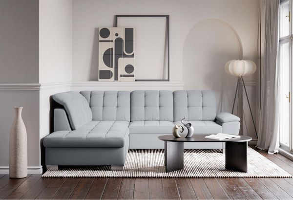Selsey Couch 258x212 cm Ecksofa mit Schlaffunktion und Bettkasten, Modular Sectional Sofa, Stoff Verita Hellgrau, Verstellbare Kopfstützen, Komfort & Stil für Wohnzimmer & Gäste Linkse Seite