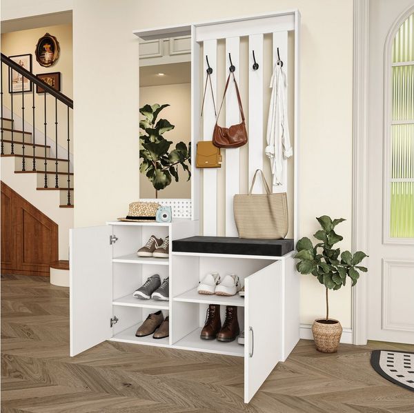 FUROKOY Kleiderständer Dielengarderobe, Wandgarderobe mit Spiegel, (Garderobenset mit Schuhschrank und 4 Kleiderhaken), für Flur, Wohnzimmer, Schlafzimmer, 100 x 40 x 180 cm, Weiß