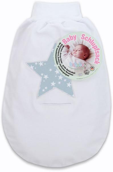 babybay Schlupfsack mit Gurtschlitz, weiß Applikation Stern azurblau Sterne weiß