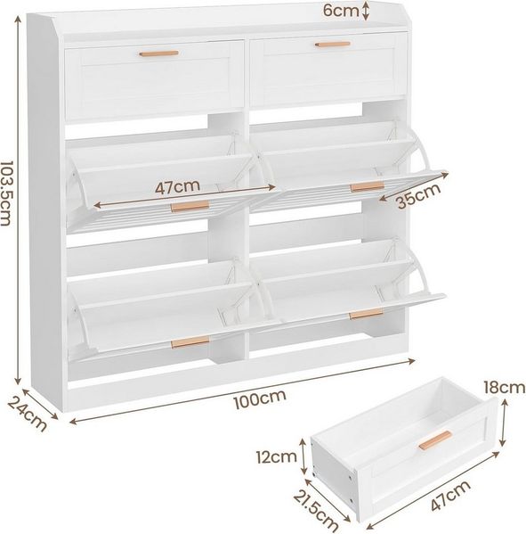 MSMASK Schuhschrank mit 4 Klappen und 2 Schubladen, Weiß Lamellentür, 24 x 100 x 103,5 cm (1-St) Schuhregal mit Verstellbarer Trennwand