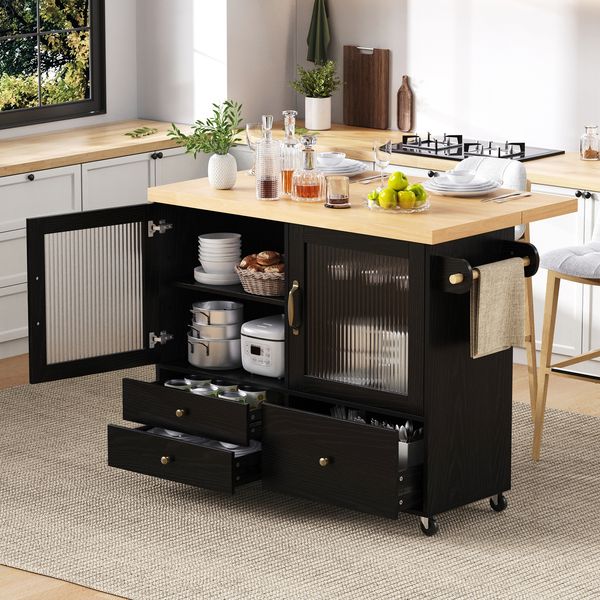 Merax Kücheninsel mit Rollen und ausziehbarem Esstisch, Küchenwagen mit Weinglashalter und Stauraum, Ideal für Küche und Esszimmer (Schwarz)