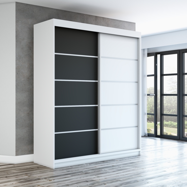 Schwebetürenschrank TREND 2-türig Schrank 180 cm (mit Spiegel) Farbe: Weiß , schwarz