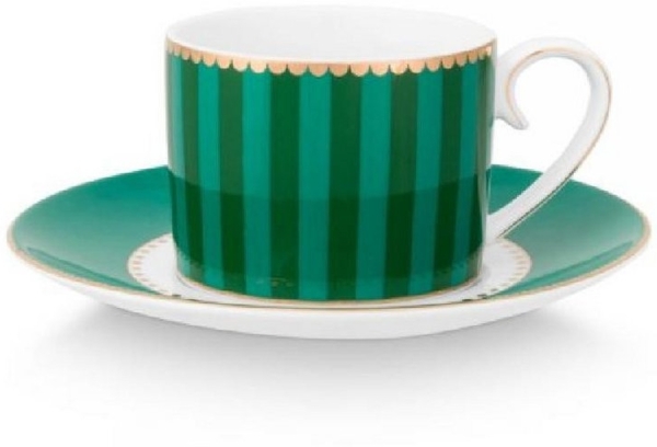 PiP Studio Tasse Espressotasse mit Untertasse Love Birds Stripes Emerald Grün (2-teilig