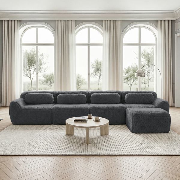 4-Sitzer Wohnlandschaft H 73 x T 378 x B 179 cm aus Plüschstoff in Grau, modular, rahmenlos, ohne Montage