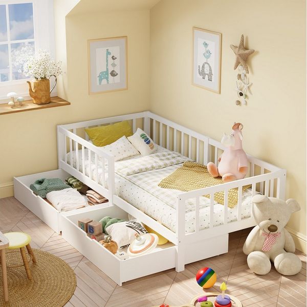 Bealife Kinderbett 95x206 cm mit Rausfallschutz und Stauraum, Belastbar bis 150 kg, Massivholzbett