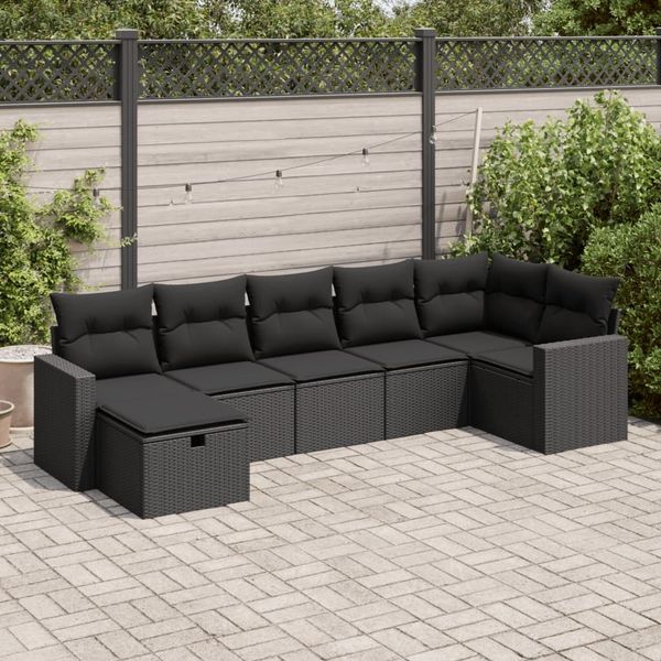 vidaXL 7-tlg. Garten-Sofagarnitur mit Kissen Schwarz Poly Rattan 3325401