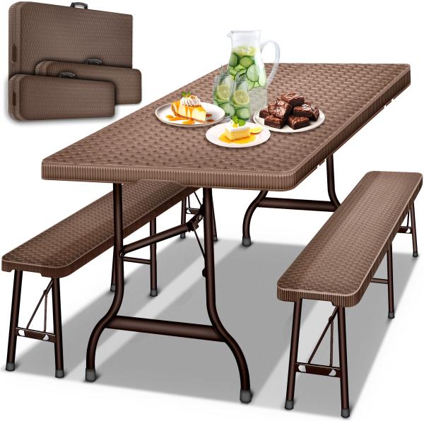 tillvex® Bierzeltgarnitur, 3-teilig, klappbar und wetterfest, Polyrattan, 180 x 75 x 75 cm, Braun