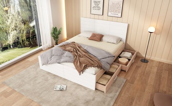 BlingBin Stauraumbett Doppelbett Holzbett (1-tlg, 160×200cm mit 2 Schubladen), Bettgestell und Lattenrost-207×80×165cm (L×H×B)
