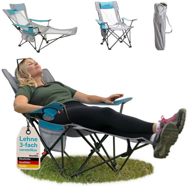 Skandika Campingstuhl Toras mit Fußablage, Faltbarer Liegestuhl, Klappsessel, Gartenstuhl (Max. Benutzergewicht 120 kg, Gewicht 4,3 kg), Liegefunktion, verstellbare Rückenlehne, Getränkehalter, Kopfkissen