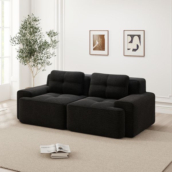 2-Sitzer Sofa H 69 x T 204 x B 104 cm aus Cord mit 74 cm Sitztiefe, modular, bodennahes Design in Schwarz