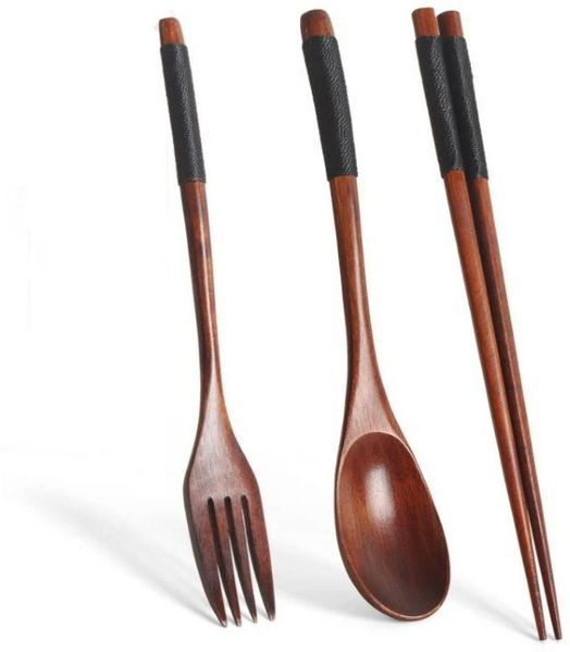 Blusmart Besteck-Set Holzgeschirr Gabel Löffel Essstäbchen 3-teiliges Set (3-tlg), Massivholz Langer Griff Löffel Essstäbchen tragbares Geschirr