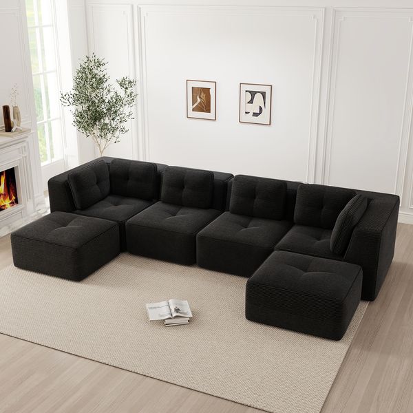 Flieks 4-Sitzer Modulares Sofa mit 2x Hocker, Cloud Sofa Cord rahmenlos, Lounge Sofa bodennah, mit breiten Armlehnen, Schwarz