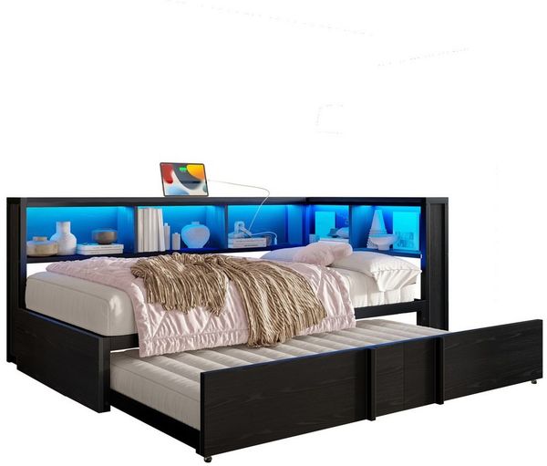 MODFU Daybed für Teenager, Studenten & kleine Wohnungen (Tagesbett Metall mit LED-Licht, USB-Ladestation, 1 tlg), mit Ausziehbett