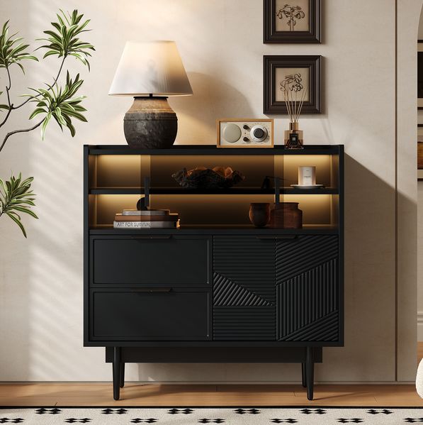 Ablageschrank mit Beleuchtung & Glasschiebetüren, 80x35x80 cm, Schwarz