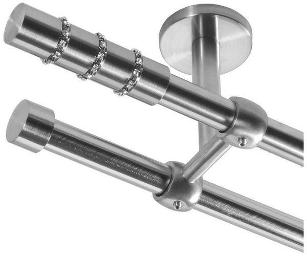 BASIT Gardinenstange Rohr Edelstahloptik 16 mm mit Deckenträgern 120 cm E25, Ø 16 mm, 2-läufig, verschraubt, Metall, D21 120 cm E25 Kristall