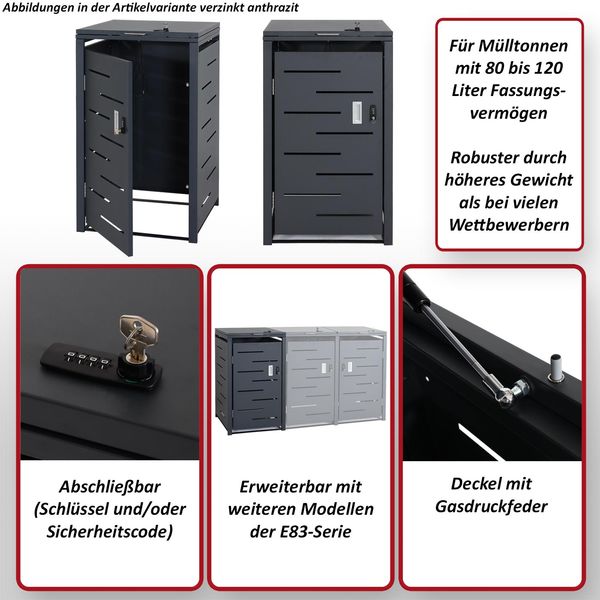1er-Mülltonnenverkleidung HWC-E83, Mülltonnenbox Mülltonnenabdeckung, erweiterbar 103x60x62cm ~ anthrazit, Stahl 24kg Bild 2