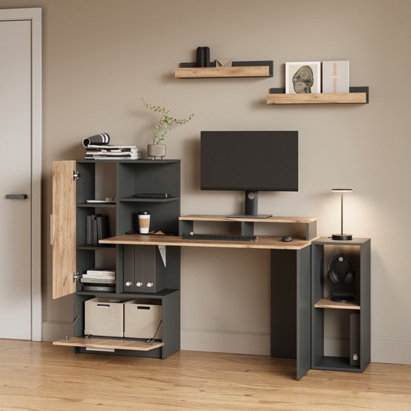 Livinity® Schreibtisch Lorena, Anthrazit/Goldkraft Eiche, 150x120.1 cm mit 2 Türen Bild 3