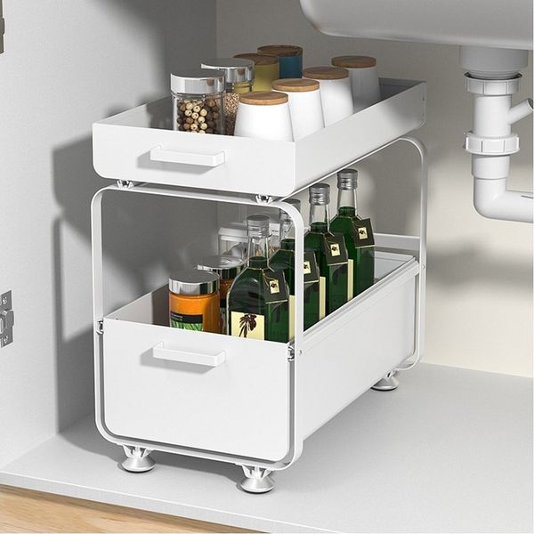 JEOBEST Küchenregal Küchenregal Regal mit 2 Korb-Auszügen, Spülschrank Organizer