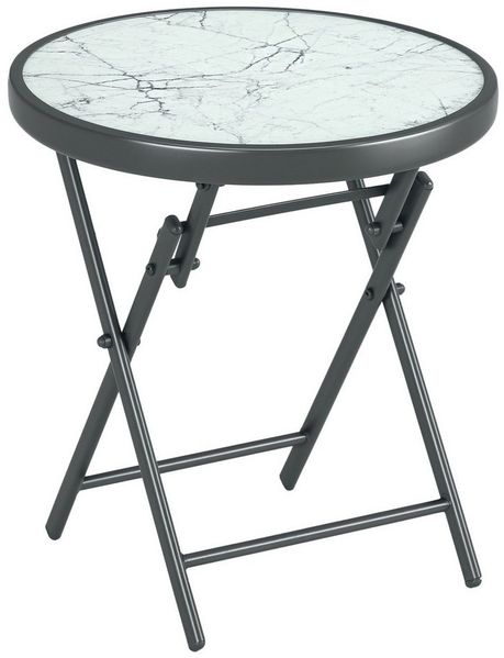 Outsunny Gartentisch klappbar, aus Glas mit Marmoroptik, rund (Klapptisch, 1-St, Beistelltisch), für Balkon Terrasse Wohnzimmer Büro, 45 x 45 x 50 cm, Weiß