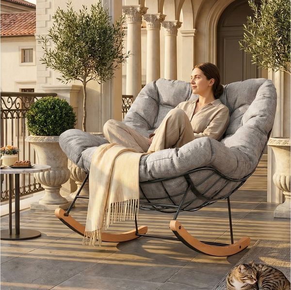 FLEXISPOT Schaukelsessel Komfortabler Loungesessel, Gartenliege mit Kopfkissen (mit sanfter Schaukelfunktion, Kopfkissen & stabilem Metallrahmen), ideal für Balkon, Terrasse, Garten & Wohnzimmer