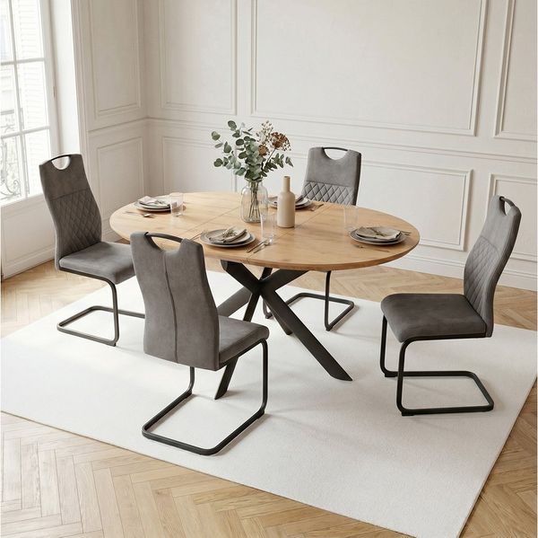 Jiexi Essgruppe Essgruppe ausziehbar rund bis oval MDF Tisch mit Freischwinger