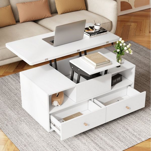 Merax Couchtisch höhenverstellbarer mit klappbarer Tischplatte & Hydraulikfunktion (1-St), Wohnzimmertisch Beistelltisch mit 4 Schubladen & Rollen, 100 x 50 x 47,5 cm