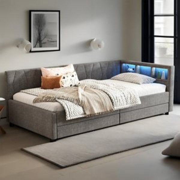 MODFU Schlafsofa Polsterbett mit LED-Umgebungslicht, USB+Typ C Ladeanschluss, Kinderbett mit Schubladen & Ablagefächern, Leinenbezug, Kinderbett mit Schubladen & Ablagefächern, Leinenbezug, Ohne Matratze Bild 6