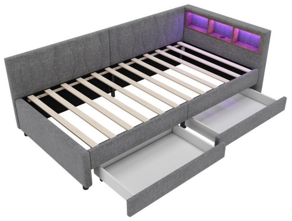MODFU Schlafsofa Polsterbett mit LED-Umgebungslicht, USB+Typ C Ladeanschluss, Kinderbett mit Schubladen & Ablagefächern, Leinenbezug, Kinderbett mit Schubladen & Ablagefächern, Leinenbezug, Ohne Matratze Bild 4
