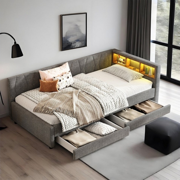 MODFU Schlafsofa Polsterbett mit LED-Umgebungslicht, USB+Typ C Ladeanschluss, Kinderbett mit Schubladen & Ablagefächern, Leinenbezug, Kinderbett mit Schubladen & Ablagefächern, Leinenbezug, Ohne Matratze Bild 2