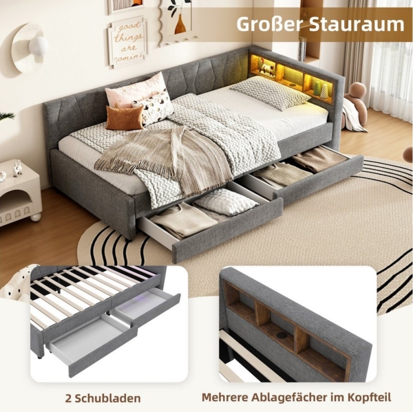 MODFU Schlafsofa Polsterbett mit LED-Umgebungslicht, USB+Typ C Ladeanschluss, Kinderbett mit Schubladen & Ablagefächern, Leinenbezug, Kinderbett mit Schubladen & Ablagefächern, Leinenbezug, Ohne Matratze Bild 3