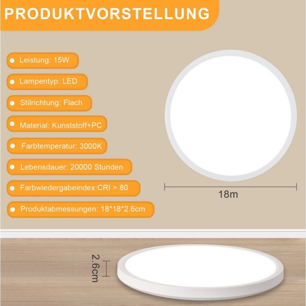 Nettlife LED Deckenleuchte LED Deckenleuchte Flach Schwarz 18CM 15W, Nicht Dimmbar, LED fest integriert, Warmweiß, 3000K lampe für Küche Flur Bild 2