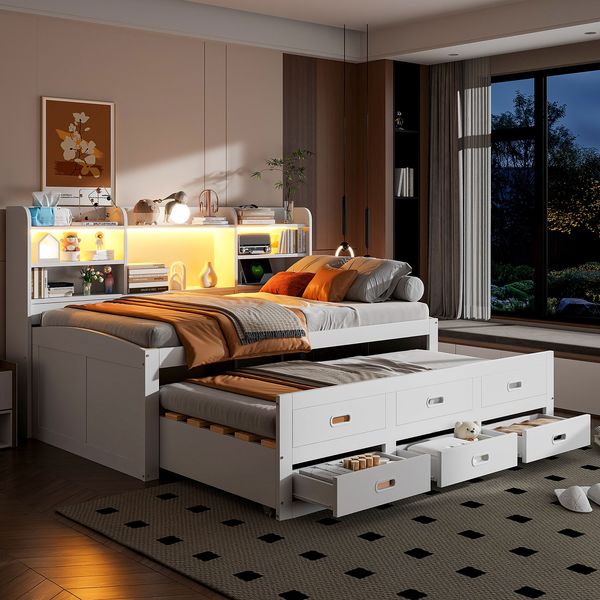 Schlafsofa, Daybett, Tagesbett, 90 x 200cm, Mit LED-Leuchten, 3 schubladen, Nachttischablage, Multifunktionales ausziehbares bett mit usb+type-c, Ohne matratze, Weiß
