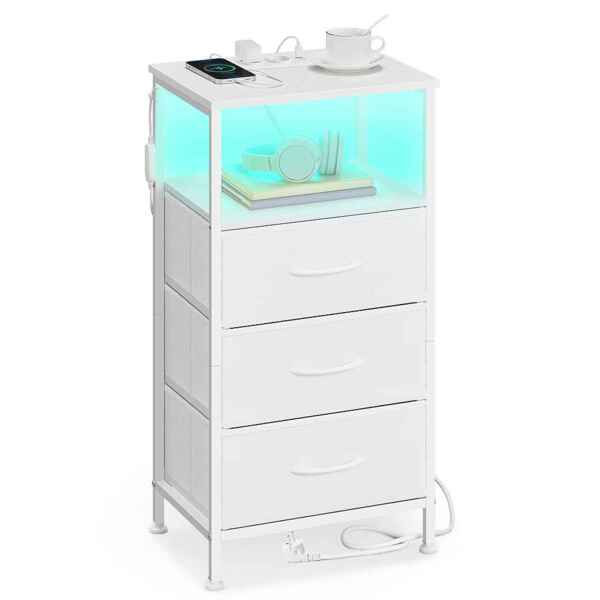 SONGMICS Nachttisch mit LED-Beleuchtung und Ladestation, Nachttisch mit 3 Schubladen und offenem Fach, weiß