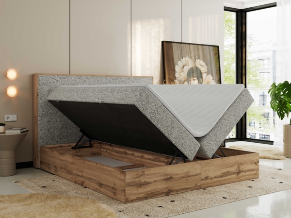 Doppelbett, Boxspringbett mit Bettkästen, Multipocket-Matratze und Topper, Set mit Kopfteil, Eiche Wotan Holzrahmen - WOOD CLASSIC - 140 x 200 cm - Beige Struktur - H4 Bild 4