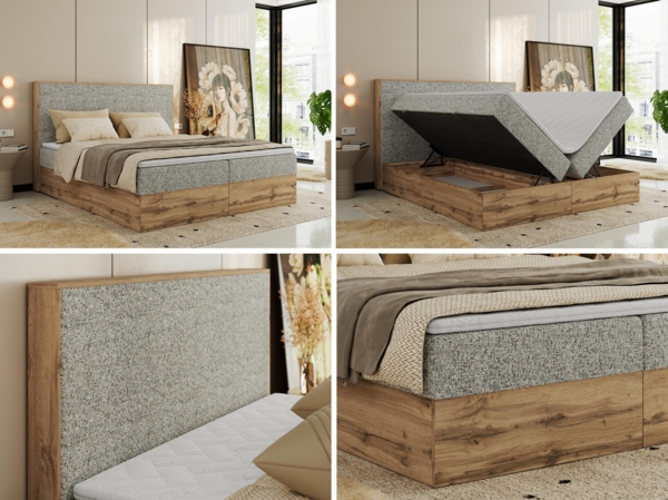 Doppelbett, Boxspringbett mit Bettkästen, Multipocket-Matratze und Topper, Set mit Kopfteil, Eiche Wotan Holzrahmen - WOOD CLASSIC - 140 x 200 cm - Beige Struktur - H4 Bild 2
