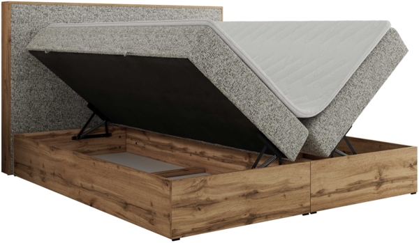 Doppelbett, Boxspringbett mit Bettkästen, Multipocket-Matratze und Topper, Set mit Kopfteil, Eiche Wotan Holzrahmen - WOOD CLASSIC - 140 x 200 cm - Beige Struktur - H4 Bild 5
